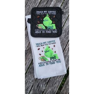 Brand New Coffee Grinch Embroidered Kitchen towel pot holder set funny trivet
